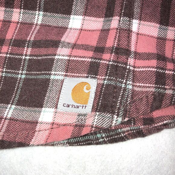 Carhartt Plaid Western Flannel Button up Shirt Pockets Burgundy Unisex Sz S 4/6 - Picture 4 of 8